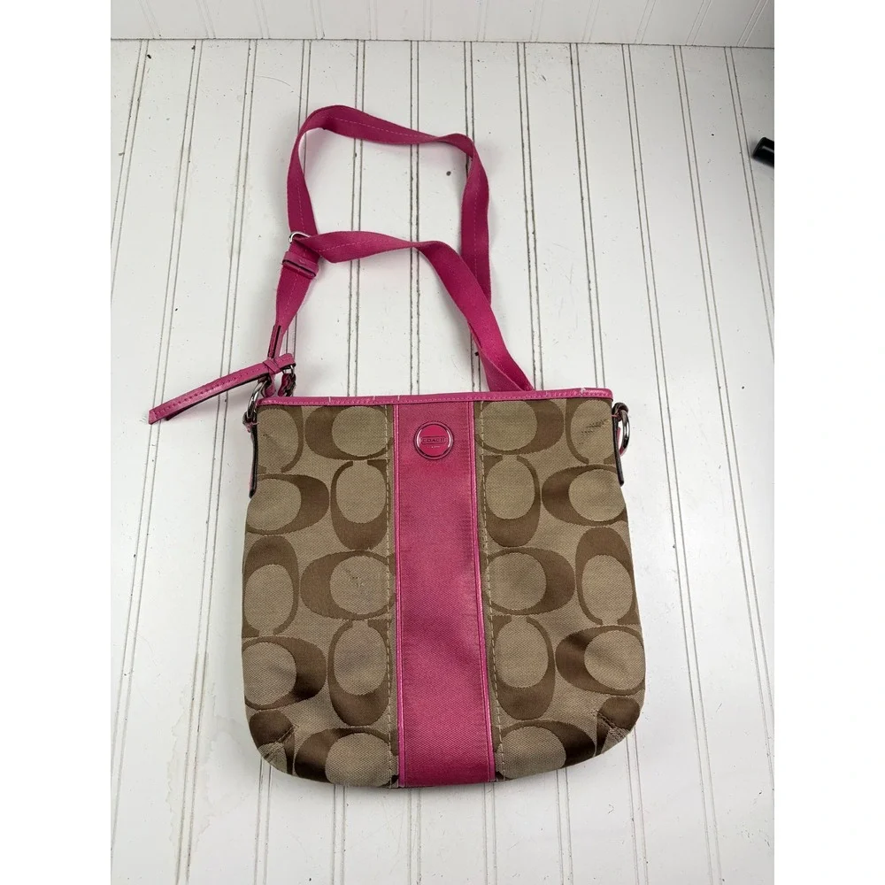 Coach Vintage Y2K Signature Stripe Swingpack Pink Monogram Canvas Crossbody Bag